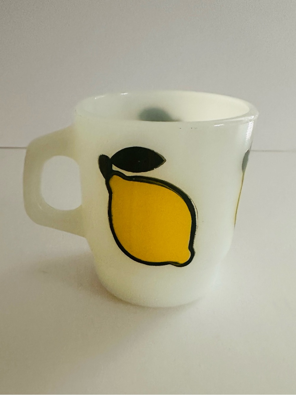 Anchor Hocking Fire King White Milk Glass Coffee Mug with Yellow Lemon Design